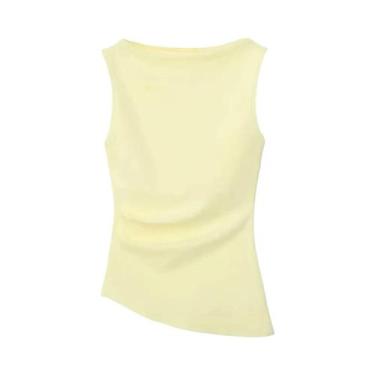 Imagem de Camiseta Feminina Casual De Verão Slim Fit Plissada Assimétrica Sem Ma