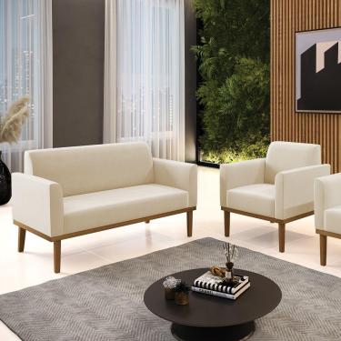 Imagem de Conjunto Poltrona E Namoradeira Decorativa Pés Fixo Em Madeira Castanho Suede Bege