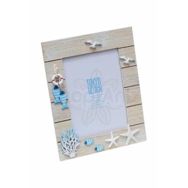 Imagem de Porta Retrato em Madeira Foto 15x20 Maritimo Estrelas Peixes Cor:Bege 