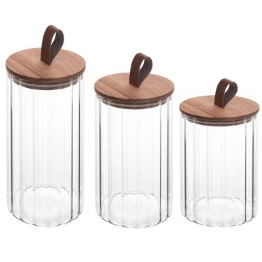 Imagem de Conjunto de 3 Potes de Vidro Canelado com Tampa Hermética de Acácia Wolff