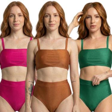 Imagem de KIT 3 Biquíni Cropped Hot Pants Top Faixa Liso Bella Fiore Cintura Alt