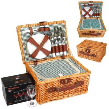 Imagem de Cesta Piquenique Grande Willow Weave 24pçs 4 Pessoas Fibra Natural Com