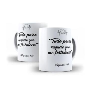 Imagem de Xícara Branca Porcelana Decorada Mensagem Bíblica Filipenses 4:13 - 32