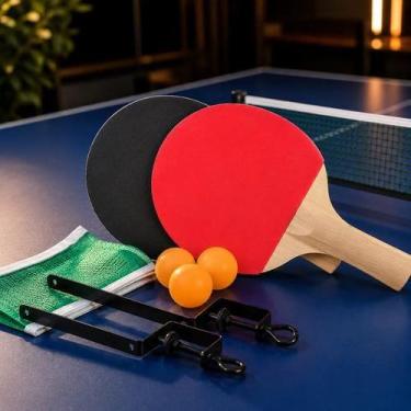 Imagem de Kit Jogo Ping Pong Tênis De Mesa 2 Raquetes Rede 3 Bolinhas Férias Via