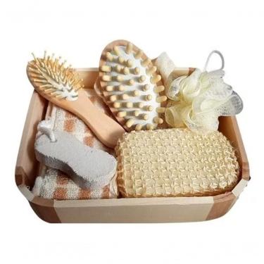 Imagem de Kit Banho Higiene Pessoal Madeira Plástico Microfibra Único 6 Peças Cesta Estojo Esponja Bucha Escova