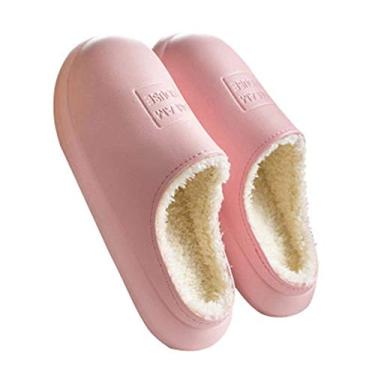 Imagem de Chinelo de algodão outono/inverno, sapatos femininos de algodão de couro para amantes espessamento interno PU couro chinelos domésticos masculino 37 rosa
