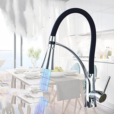 Imagem de Torneira de pia de cozinha led preto giratório pull down torneira de pia de cozinha montada deck de banheiro montado misturador de água quente e fria, cromo led estilo 3, china