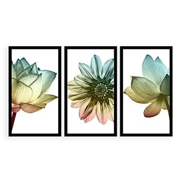 Imagem de Kit 3 Quadros Decorativos Grandes com MOLDURA Flores Coloridas com Fundo Branco Minimalista