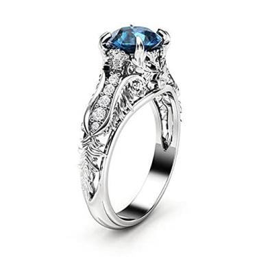 Imagem de Anel de noivado feminino retrô azul esmeralda redonda 925 prata corte gema zircônia cúbica embutida azul CZ diamante topázio anel de noivado AAAA Zircon (7)