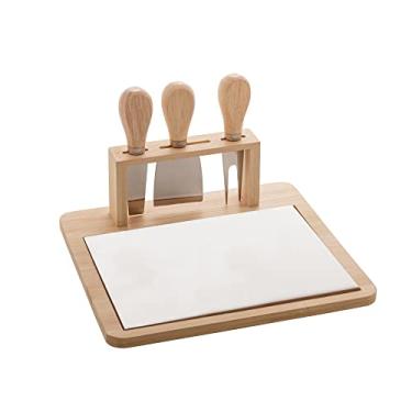 Imagem de Conjunto Bandeja de Bambu e Cerâmica com 3 Peças para Queijo de Aço Inox com Cabo de Bambu 23cm x 21