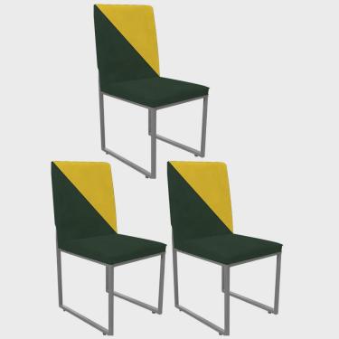 Imagem de Kit 03 Cadeira Office Stan Duo Sala de Jantar Industrial Ferro Prata Suede Verde e Amarelo - Ahazzo Móveis