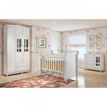Imagem de Quarto de Bebê Guarda Roupa 3 Portas, Cômoda Fraldário e Berço Mirelle Carolina Baby Branco Brilho