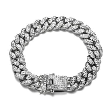 Imagem de Pulseira Masculina Cravejada Cuban Prateada Grumet Aço Inox