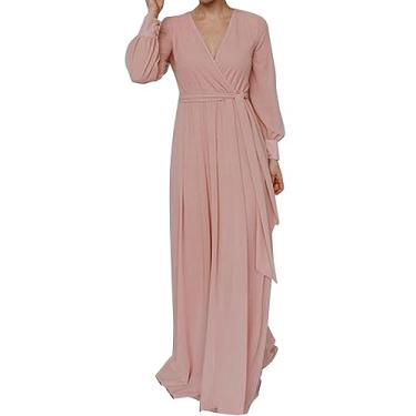 Imagem de UIFLQXX Vestido longo feminino plus size outono manga longa cor sólida decote em V vestido de noite com cinto, Rosa, M
