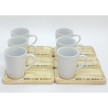 Imagem de kit Jogo 6 canecas café/chá cônicas 220ml c/ pires Pinus - Porcelana branca