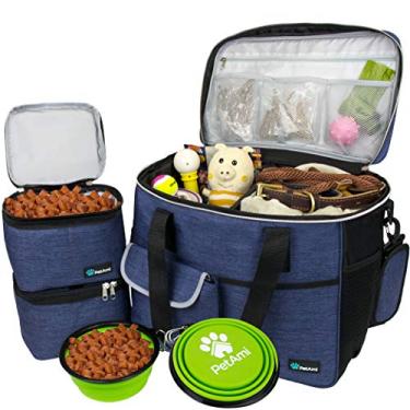 Imagem de Bolsa de viagem para cães PetAmi | Organizador de sacolas aprovado por companhias aéreas com bolsos multifuncionais, bolsa para recipiente de alimentos e tigela dobrável | Conjunto de viagem perfeito para cães e gatosPetAmi Large azul-marinho