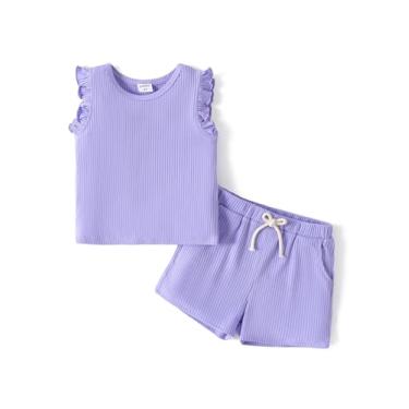 Imagem de PATPAT Conjunto de 2 peças de roupas infantis de verão com nervuras lisas de malha regata e shorts, Roxo sereno, 2 Anos