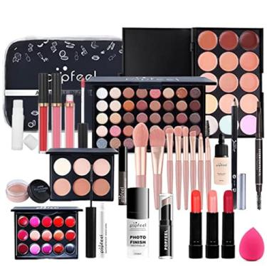 Imagem de Saibinuo Kit de maquiagem completo multiuso - Kit de maquiagem tudo em um com pincéis, paleta de sombras, brilho labial, bolsa, lápis de sobrancelha, rímel e maquiagem facial - Cor KT003