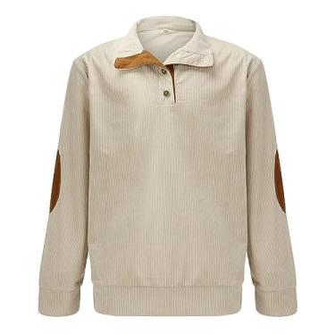 Imagem de Moletom masculino Henley pulôver 2023 vintage gola alta camisa de botão quente veludo cotelê clássico suéter, Za1-bege, Small