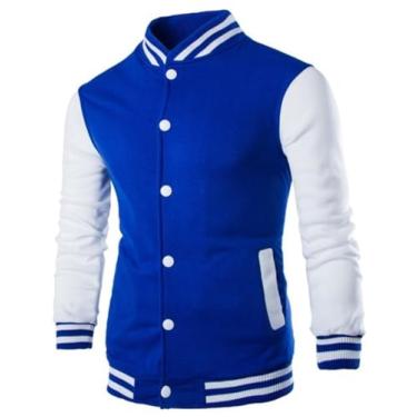 Imagem de Sorrica Jaqueta universitária masculina casual slim fit Letterman beisebol uniforme escolar jaqueta de botão, Azul, P