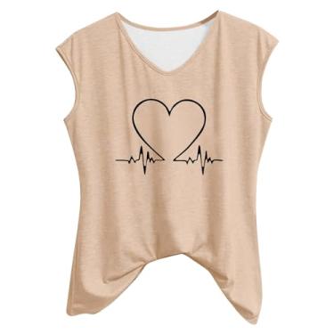 Imagem de Camiseta feminina sem mangas com estampa de coração e gola V sem mangas, A01 Cáqui, G