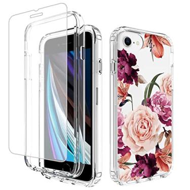 Imagem de Ueokeird Capa para iPhone SE 2022/SE 3 2022/SE 2020/iPhone 7/iPhone 8 com protetor de tela de vidro temperado, capa protetora de corpo inteiro com estampa floral transparente para iPhone 8 (flor roxa)