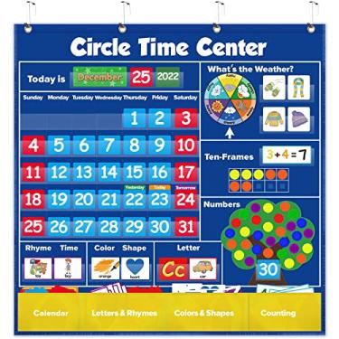 Imagem de Torlam Centro de aprendizado de tempo circular, jardim de infância, itens essenciais para sala de aula pré-escolar, calendário infantil gráfico de bolso de calendário de cores de estação contagem de letras conjunto de dez quadros gráfico de clima, atividades de aprendizagem para crianças