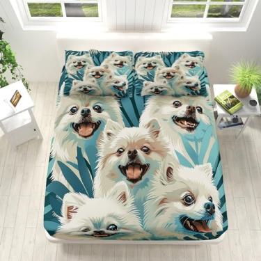 Imagem de Eojctoy Jogo de cama king size - 4 peças - lençol com estampa de cachorro samoieda, 100% microfibra escovada, lençol com elástico 40,6 cm com bolso extra profundo - Folhas azuis macias e respiráveis