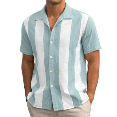 Imagem de Askdeer Camisa masculina de linho manga curta vintage verão casual camisa de botão camisa praia Cuba, A03 Azul Verde Branco, M