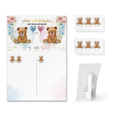 Imagem de Bear Reveal Games Tabuleiro de votação com suporte, 60 adesivos urso menino e menina para convidados de festa, ele ou ela, lance seu jogo de adivinhação, decoração de centro de festa revelação de