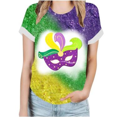 Imagem de Camiseta feminina Mardi Gras de manga curta estampada camisetas de férias camisetas casuais folgadas blusas de carnaval, A08#multicor, 5G