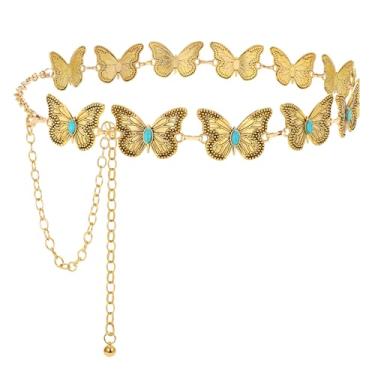 Imagem de LEACOOLKEY Cinto Western Metal Concho para mulheres, cowgirl, boêmio, cinto de corrente para vestidos e calças jeans, F - ouro, S:Fit waist 25"-29"