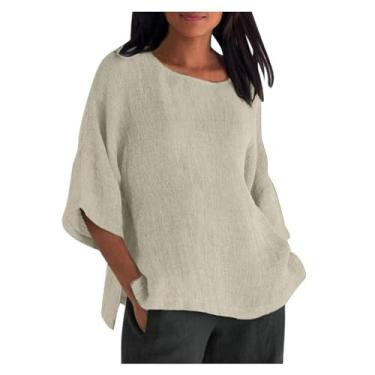 Imagem de Blusa feminina de algodão e linho, gola redonda, manga três-quartos e casual, cor lisa, renda média, Bege, M