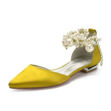 Imagem de ottspu Sapatos de casamento sem salto para noiva cetim cristal brilhante bico fino sapato social feminino para ocasiões especiais, Amarelo, 37