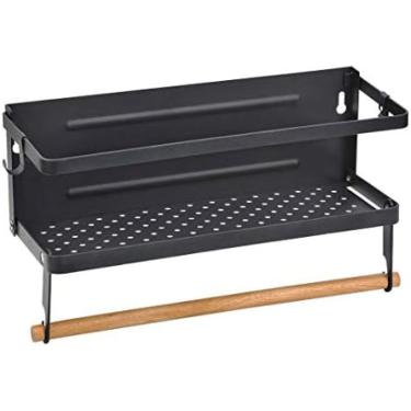 Imagem de Organizador magnético de prateleira de cozinha para rack de especiarias com suporte de rolo de madeira, frascos de garrafa de especiarias de aço inoxidável montados na parede Suporte de rack