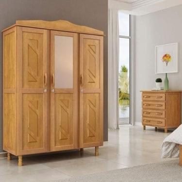 Imagem de Conjunto Guarda Roupa Casal 3 Portas com Espelho e Cômoda 4 Gavetas Móveis Cavazotto Mel