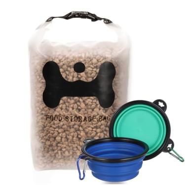 Imagem de ANVS Bolsa de silicone para armazenamento de alimentos para animais de estimação, bolsa de viagem de 40 xícaras com 2 tigelas dobráveis de viagem para cães, perfeita para acampamento, hospedagem de