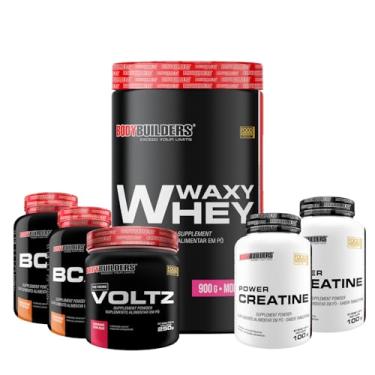 Imagem de Kit Waxy Whey 900g + 2x BCAA 100g + 2x Power Creatina 100g + Pré-treino Voltz 250g - BODYBUILDERS (Médio, Morango)