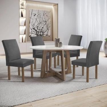 Imagem de Conjunto Mesa Arizona 120cm com 4 Cadeiras Canela Tampo Redondo Plus com Vidro Chocolate/off White/cinza