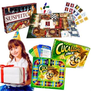 Imagem de Kit 2 jogos de tabuleiro e cartas infantil jogo suspeito descubra todos os mistérios suspense + cuca legal junior educativo pedagógico brinquedo educacional presente para menino menina criança 8 anos