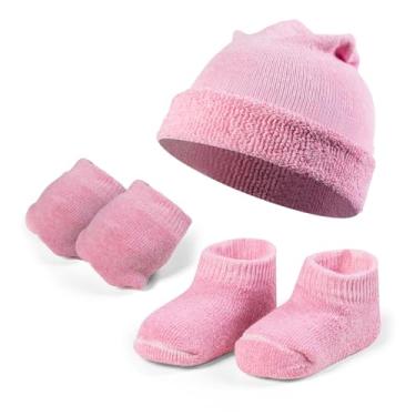 Imagem de Kit 03 peças Recém Nascido Maternidade Enxoval Meia, Touca E Luva para Meninos e Meninas (Rosa bb, Recém Nascido)