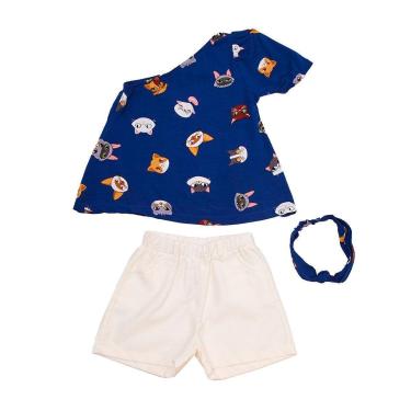 Imagem de Kit Shorts e Blusa de 1 Ombro Estampada e Faixa de Cabelo Feminino-Feminino