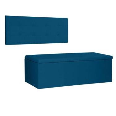 Imagem de Kit Painel e Calçadeira Baú Queen 1,60m Berlim Suede Azul Marinho - Pa