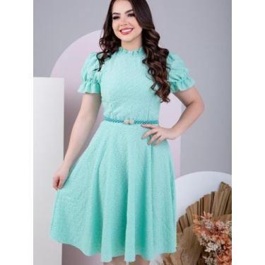 Imagem de Vestido Midi Rodado Godê com cinto de perolas manga curta e gola alta 