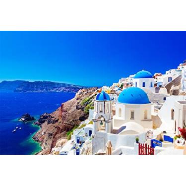Imagem de CORFOTO Tecido 2,7 x 1,8 m Grécia Foto Pano de Fundo de Ilha Santorini Oia Village Fundo de Fotografia Grécia para Grécia Faixa de Festa Tema Mamma Mia Decoração de Aniversário Adereços de Cabine de Fotos