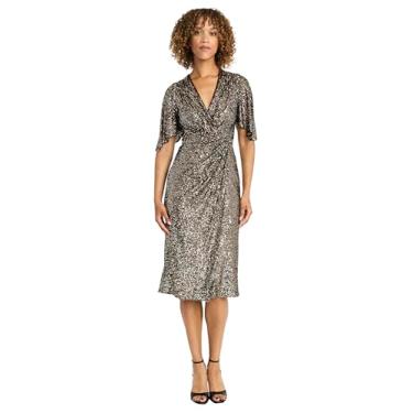 Imagem de Maggy London Vestido feminino elegante na altura do joelho, manga esvoaçante, gola V, versátil, Prata/ouro/preto, 36