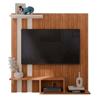 Imagem de Estante Painel Suspenso Tv 32 Polegadas Prateleira Multiuso Versátil Organizadora Decoração Recepção Sala Quarto Pequeno Com Prateleiras e Nichos Cedro/Off White LOJASGK