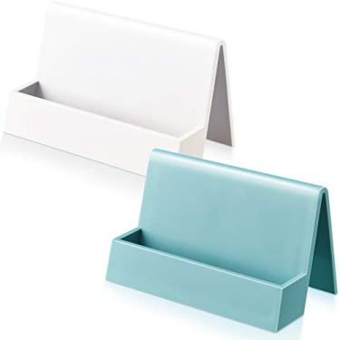 Imagem de 2 peças porta-cartões de visita para mesa de escritório moderno plástico com porta-cartões de visita suporte de mesa para homens e mulheres (branco, azul claro)