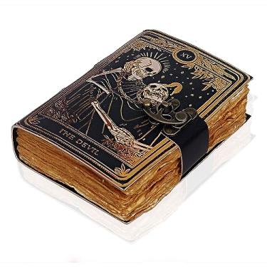 Imagem de VC Book of Spells Caderno de couro Deckle Edge Paper Grimório impresso diário The Devil Tarot Caderno espiral gótico amante de crânios diários de couro vintage antigo para homens e mulheres