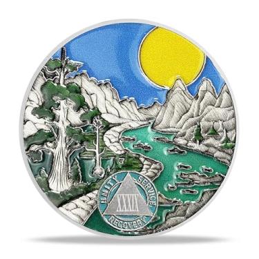 Imagem de Presentes de moeda de sobriedade de 39 anos | Moeda AA Rio e Floresta - Medalhão de Chip AA HA com Oração de Serenidade | Presentes de Narcóticos Alcoólicos Anônimos para Mês de Aniversário e Ano para